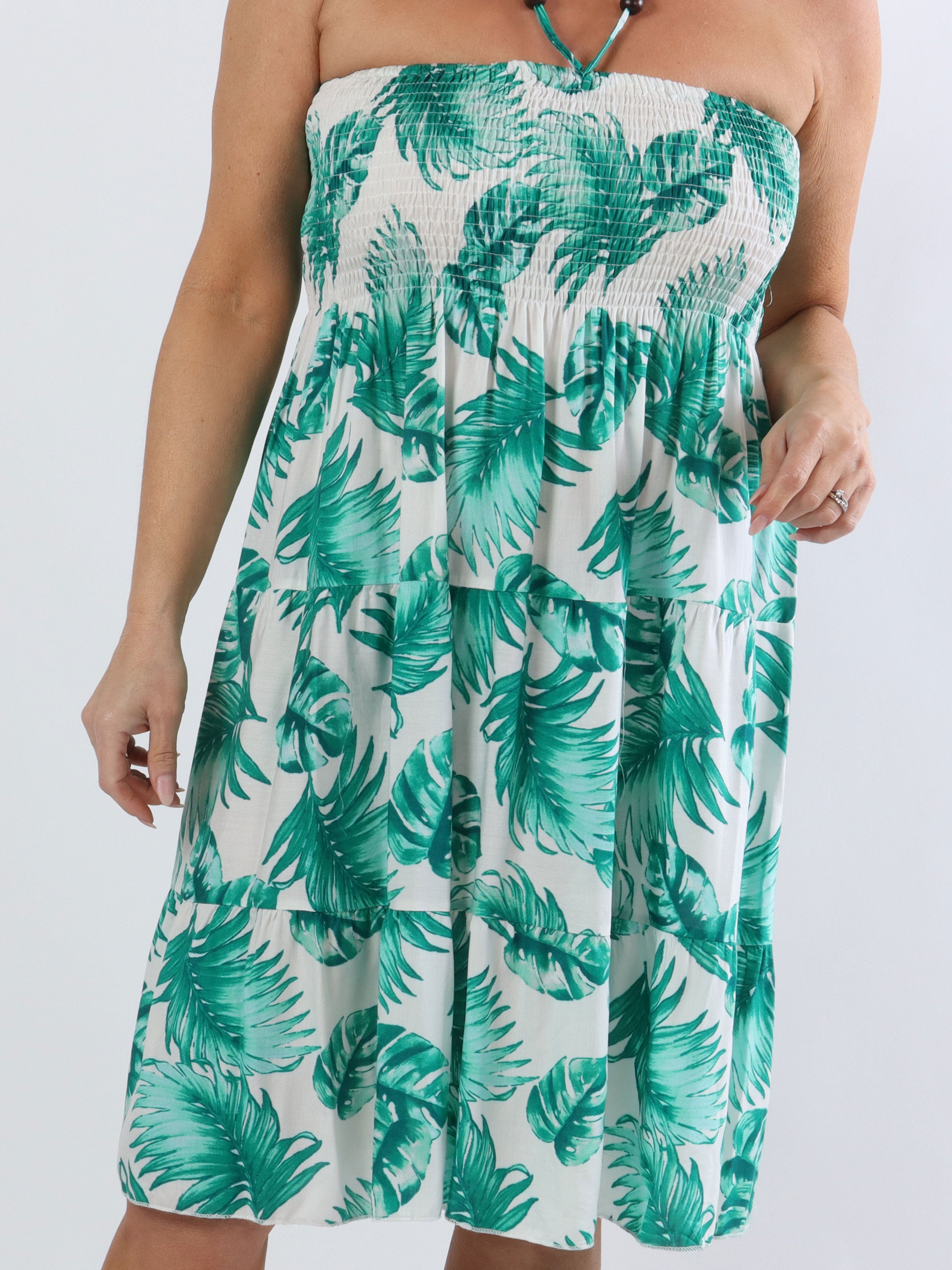 Aria Leaf - Kort plus size kjole med smock og leaf print